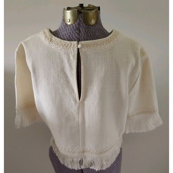 Boden Cream Linen Top Fringe Trim Crop Simple Luxury Boho Size 8 EUC - Picture 5 of 7